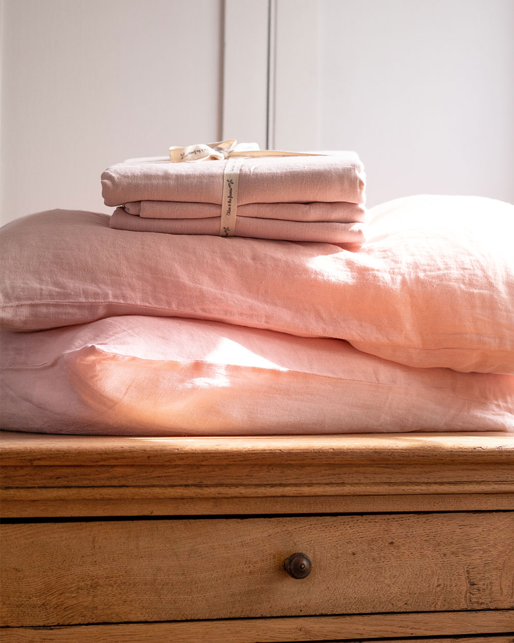 Taie d’oreiller en lin lavé rose poudrée, C & the flowers